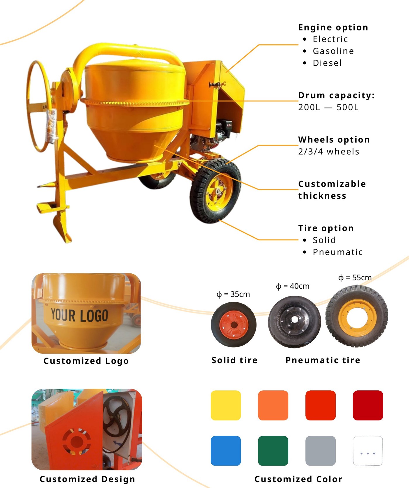 Concrete mixer customization options: engine choice, drum capacity, wheel configuration, customizable drum thickness, tyre option, custom logo, custom design and custom colour